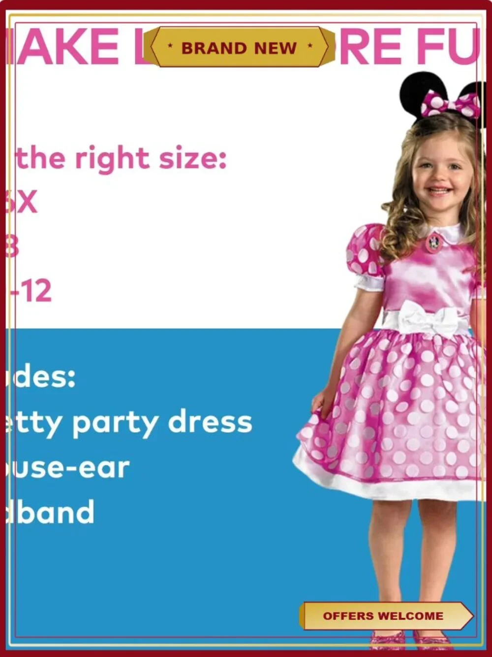 Toddler Girls Minnie Mouse Costume Dress with Ears 3T-4T